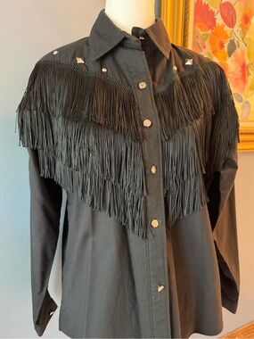 Vintage Black Fringe Button-Down Shirt